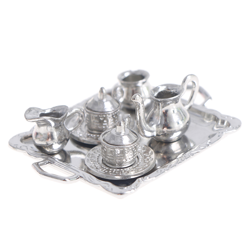 Coffee Tea Sugar Set - Miniature Silver Metal Tea and Coffee